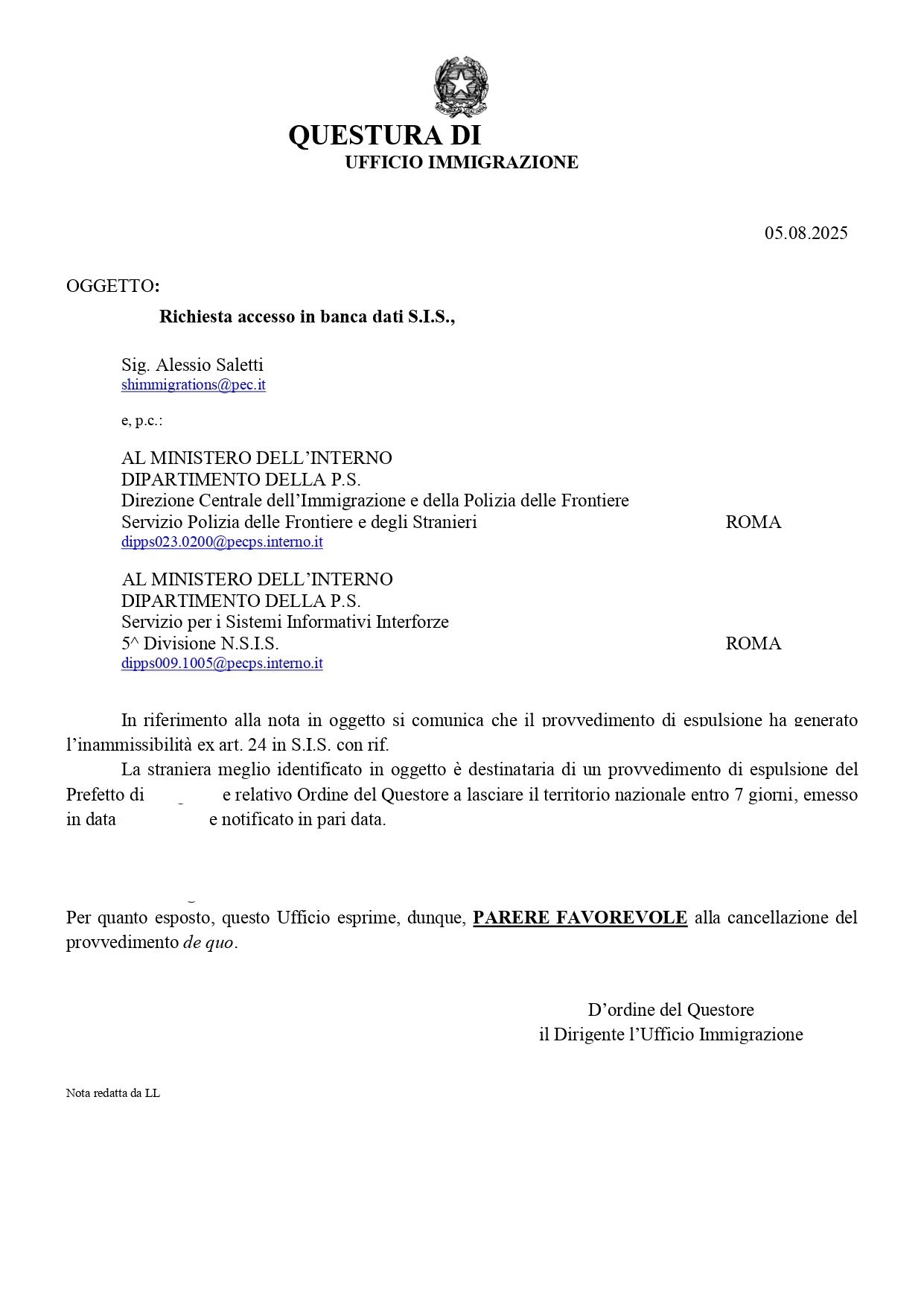Approvazione cancellazione SIS