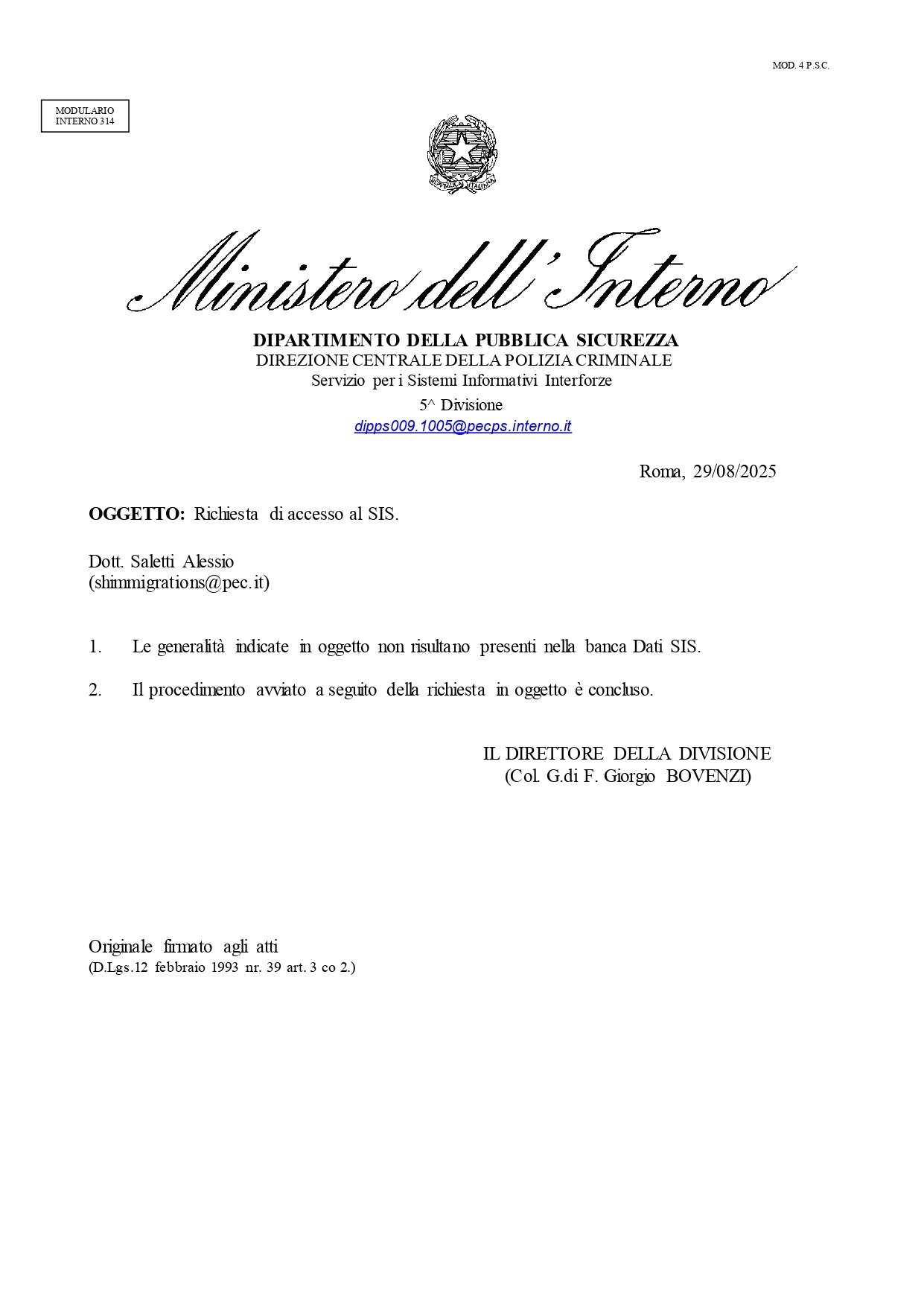Cancellazione da SIS