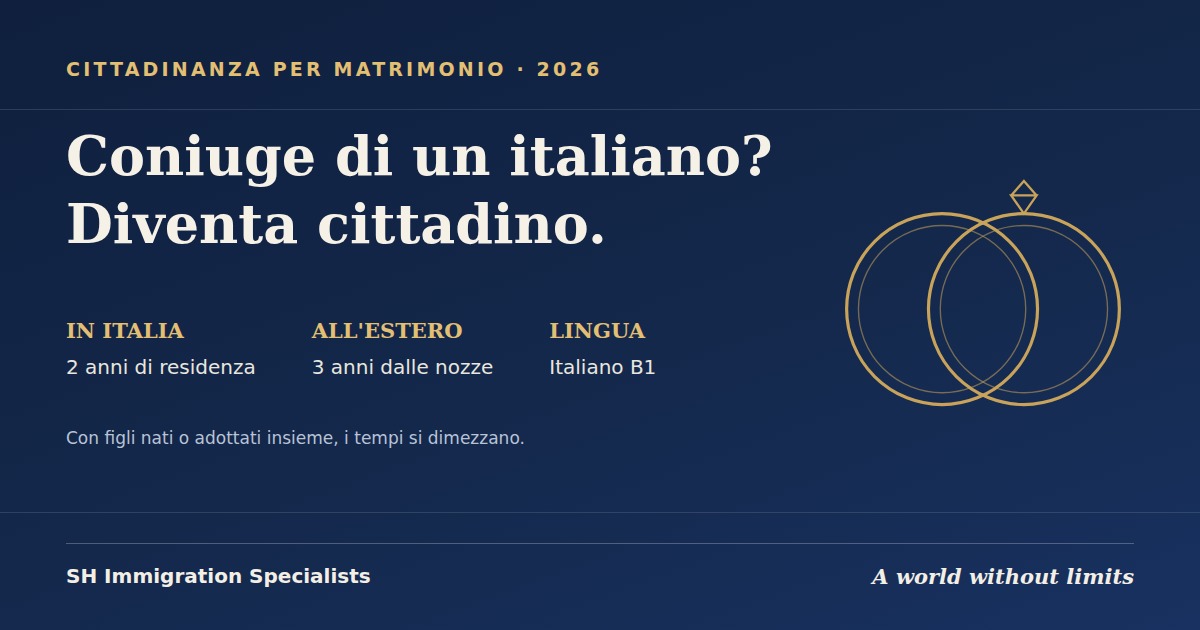 Cittadinanza italiana per matrimonio nel 2026: residenza richiesta, lingua B1 e tempi ridotti con figli.