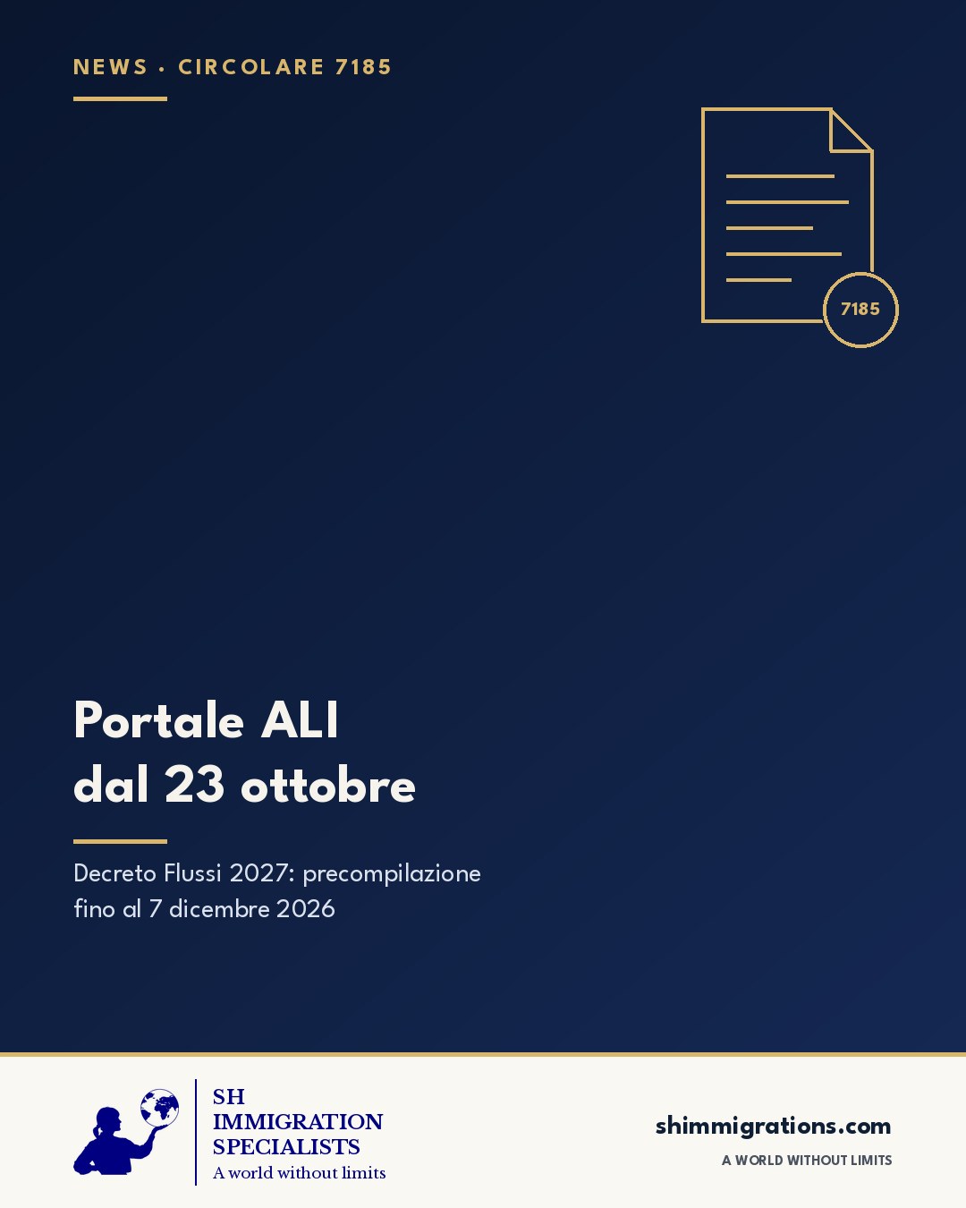 Portale ALI Decreto Flussi 2027: precompilazione dal 23 ottobre al 7 dicembre 2026, circolare 7185